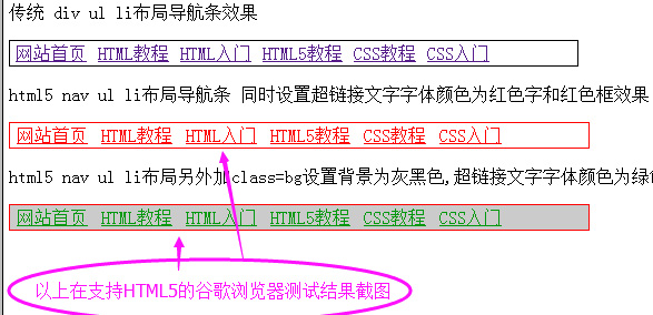 传统div布局导航条与nav布局导航条、对nav加class三个布局浏览器效果