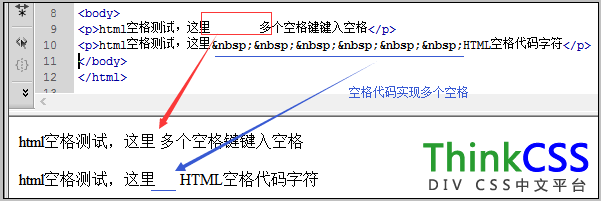 html空格字符代码实现多个空格实例效果截图