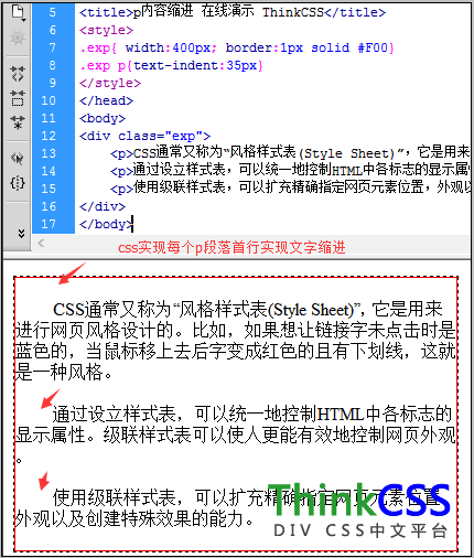 html p段落文字缩进css div布局实例效果截图